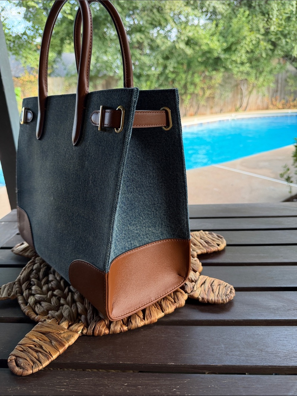 Ralph Lauren Denim Tote with Brown Leather Trim and Handles - Picture 4 of 8